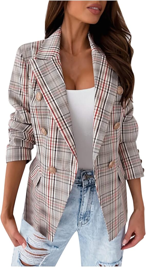 Oksea Blazer Damen Elegant Kariert Anzug Damen Zweireihige Jacke Bedruckte Jacken Slim Fit ...